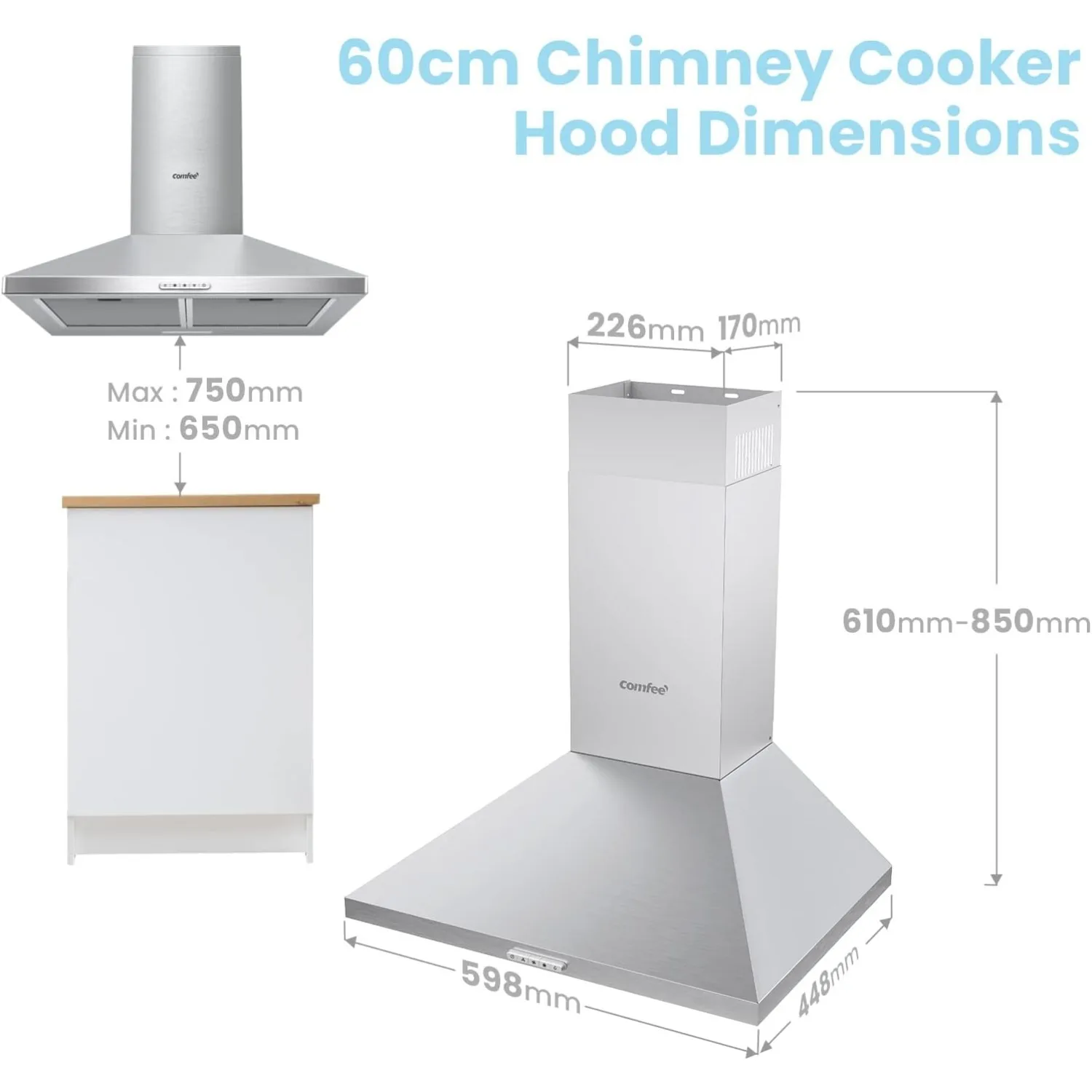 COMFEE' 60cm Chimney Cooker Hood Stainless Steel Extractor Hood with LED and Recirculating System Wall Mounted Range Hood