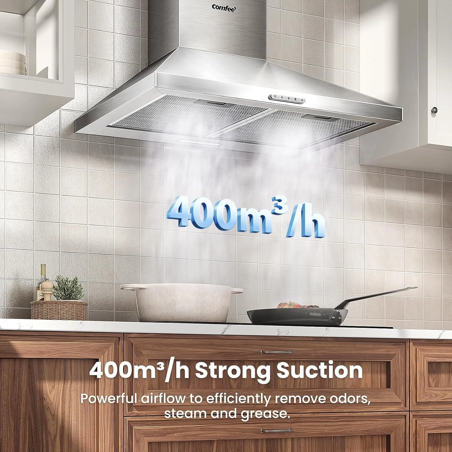 COMFEE' 60cm Chimney Cooker Hood Stainless Steel Extractor Hood with LED and Recirculating System Wall Mounted Range Hood