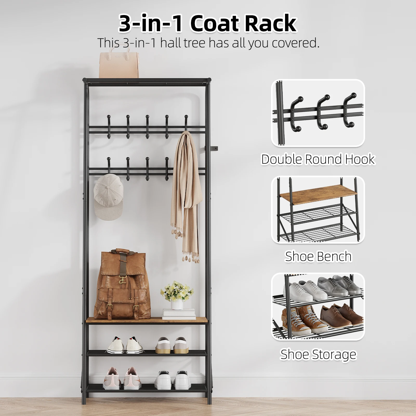 Hall Trees Entryway Bench with Coat Rack and Shoe Rack 10 Hooks Wood Look Accent Furniture with Steel Frame Storage Shelf Bench