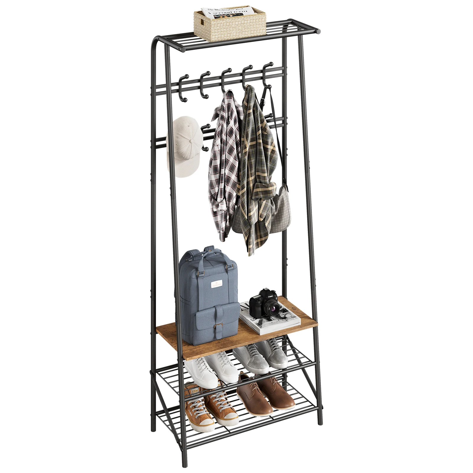 Hall Trees Entryway Bench with Coat Rack and Shoe Rack 10 Hooks Wood Look Accent Furniture with Steel Frame Storage Shelf Bench