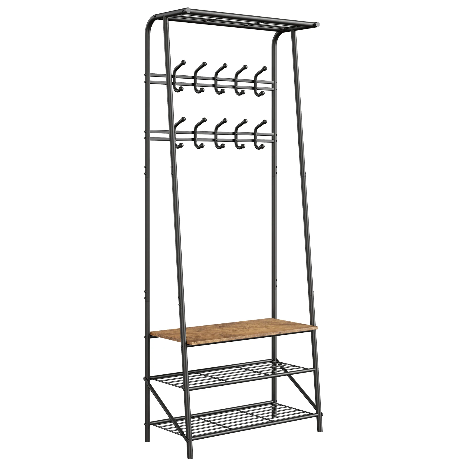 Hall Trees Entryway Bench with Coat Rack and Shoe Rack 10 Hooks Wood Look Accent Furniture with Steel Frame Storage Shelf Bench