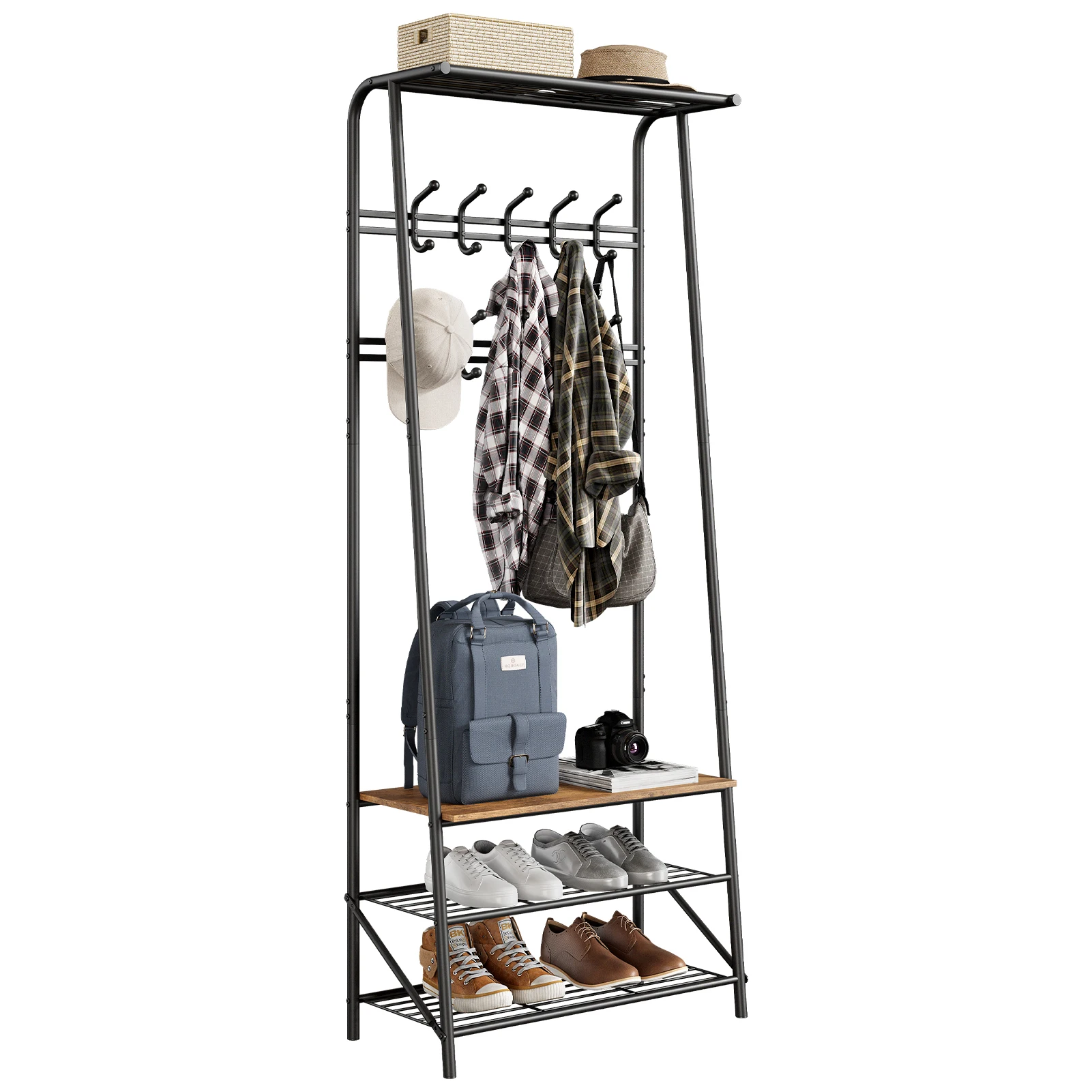Hall Trees Entryway Bench with Coat Rack and Shoe Rack 10 Hooks Wood Look Accent Furniture with Steel Frame Storage Shelf Bench