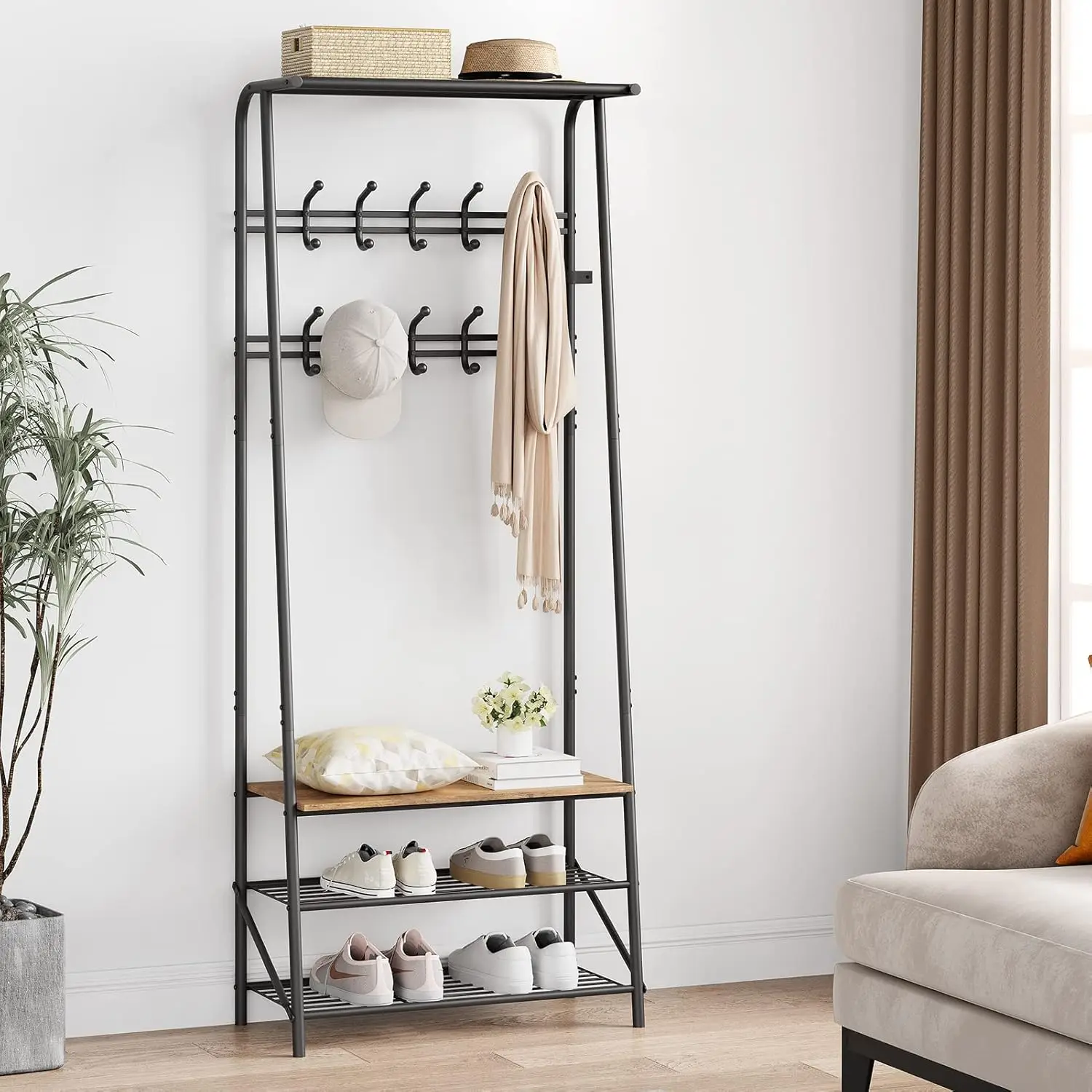Hall Trees Entryway Bench with Coat Rack and Shoe Rack 10 Hooks Wood Look Accent Furniture with Steel Frame Storage Shelf Bench