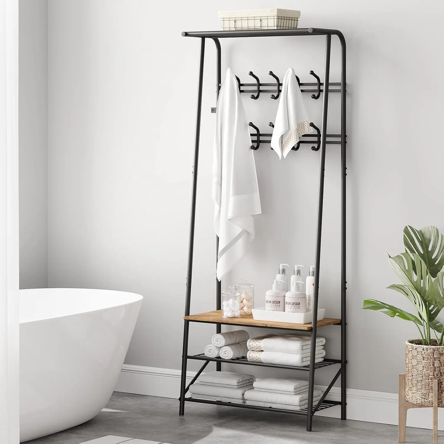 Hall Trees Entryway Bench with Coat Rack and Shoe Rack 10 Hooks Wood Look Accent Furniture with Steel Frame Storage Shelf Bench
