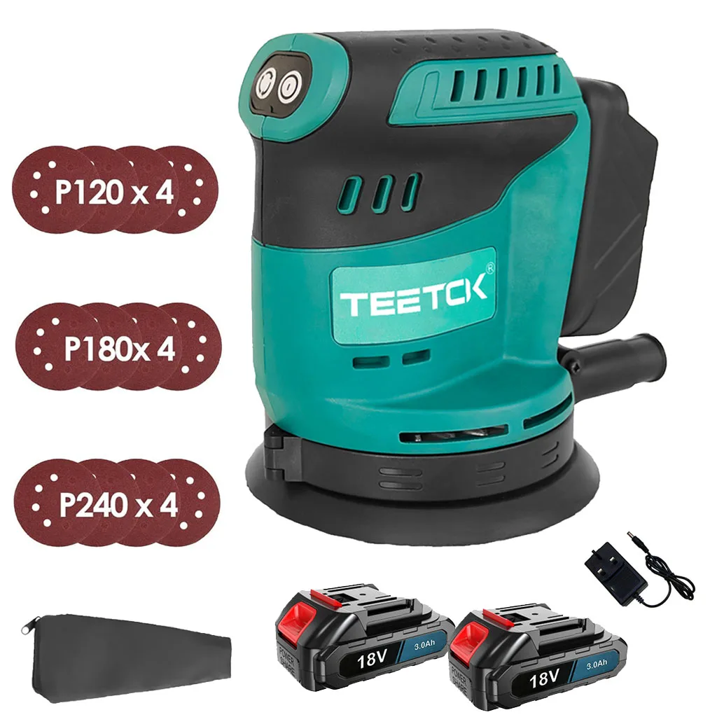 Cordless Random Orbital Sander with 12PCS Sandpaper Compatible with Makita 18V with 2pcs 3.0Ah Battery Machine Wood Tool DIY
