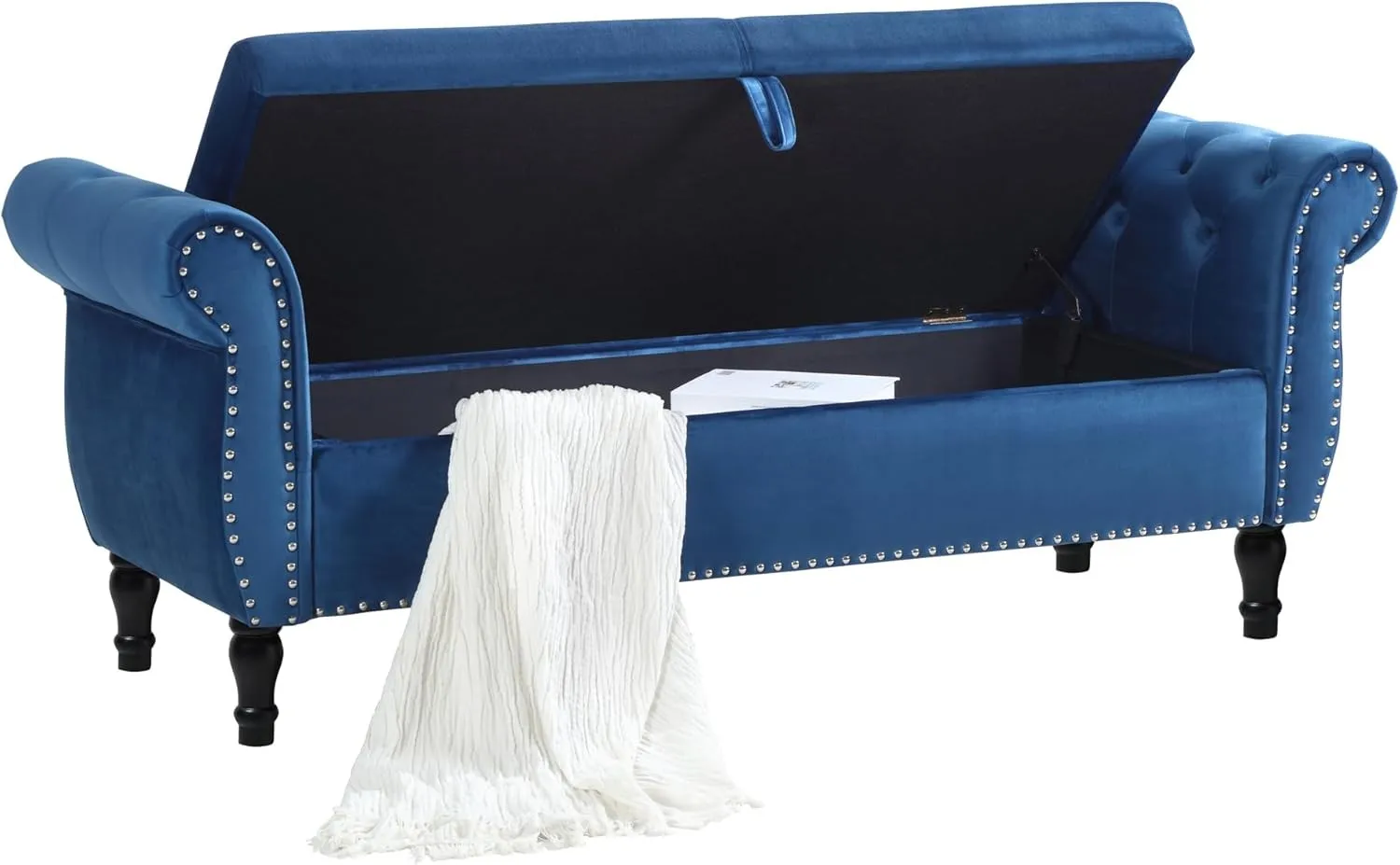 Velvet Storage Bench Upholstered Tufted Ottoman Bench w/ Arms Large Storage Space End of Bed Bench for Bedroom Living Room