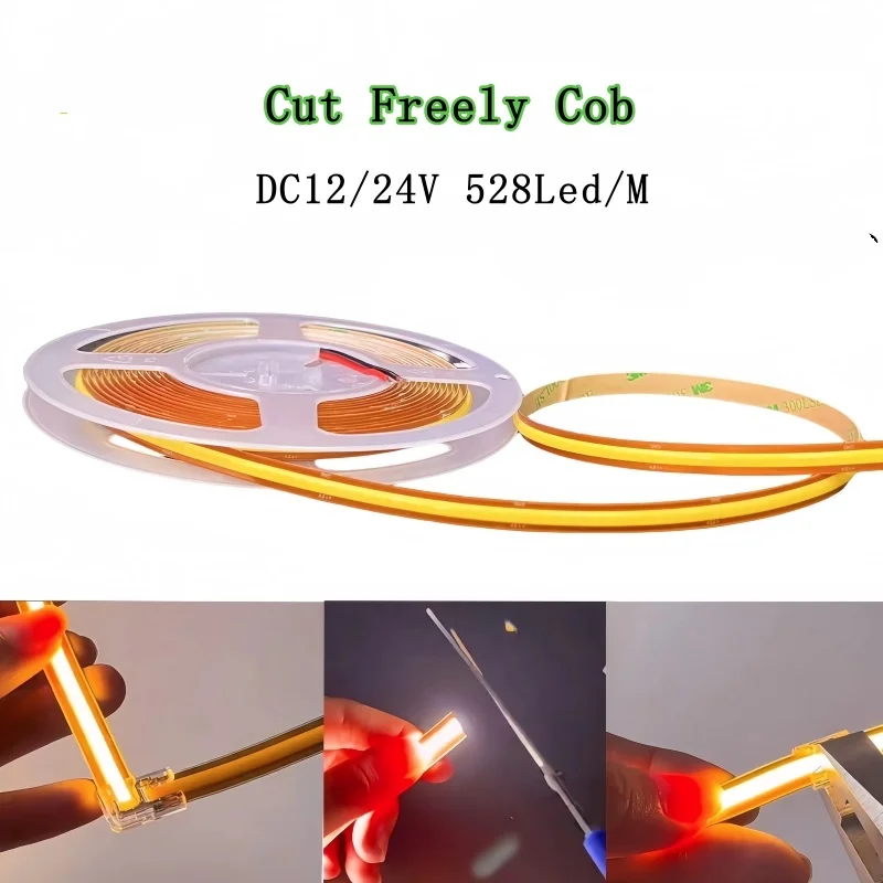 5m Free Cut COB LED Strip Light DC 12V 24V Flexible Tape 528LEDs/M 8mm PCB High Density Linear Lighting Warm Natural White