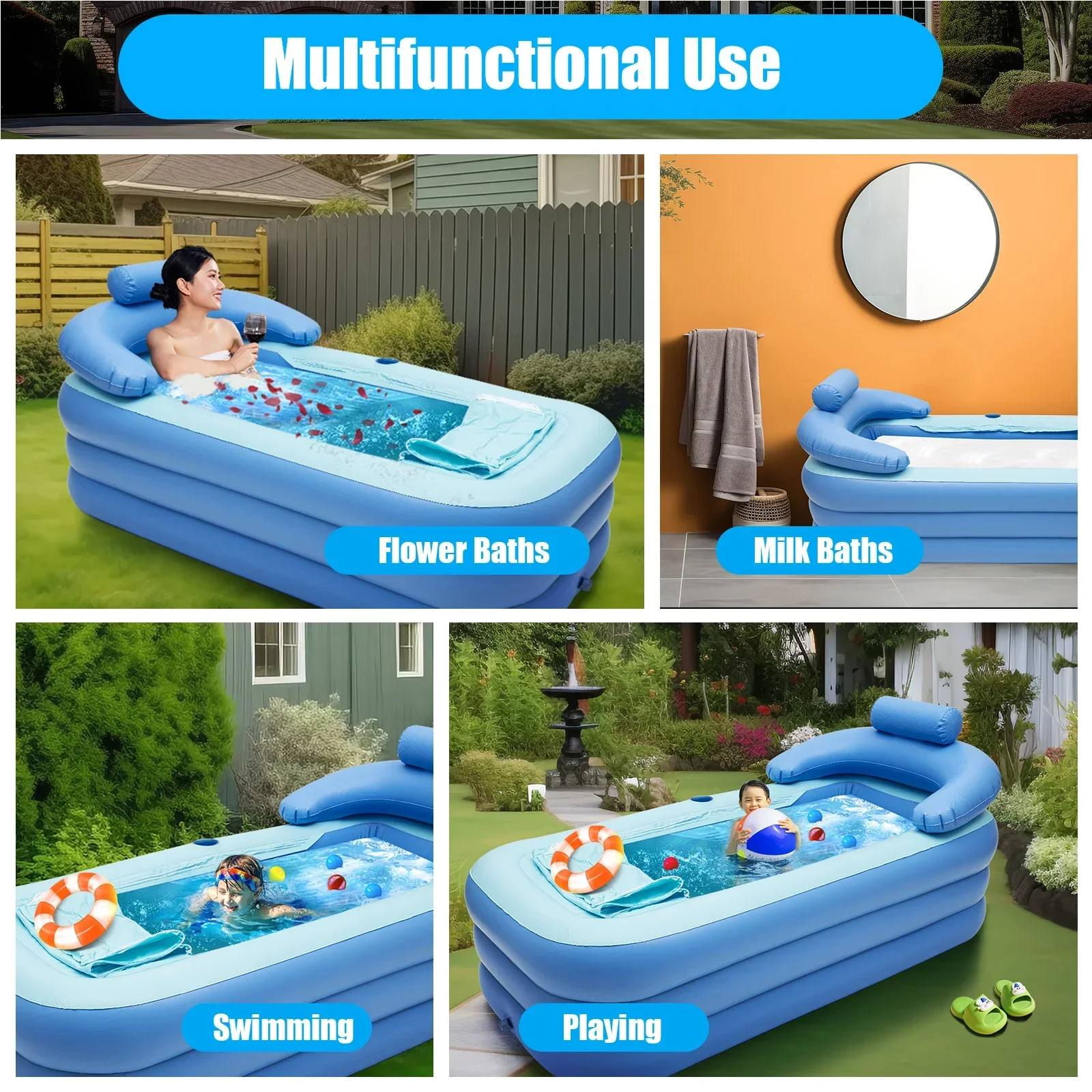 PVC Folding Outdoor Bathtub, Portable Freestanding Bathtub for Adult Spa, Adult Sitting Bathtub, Plank Basin Large