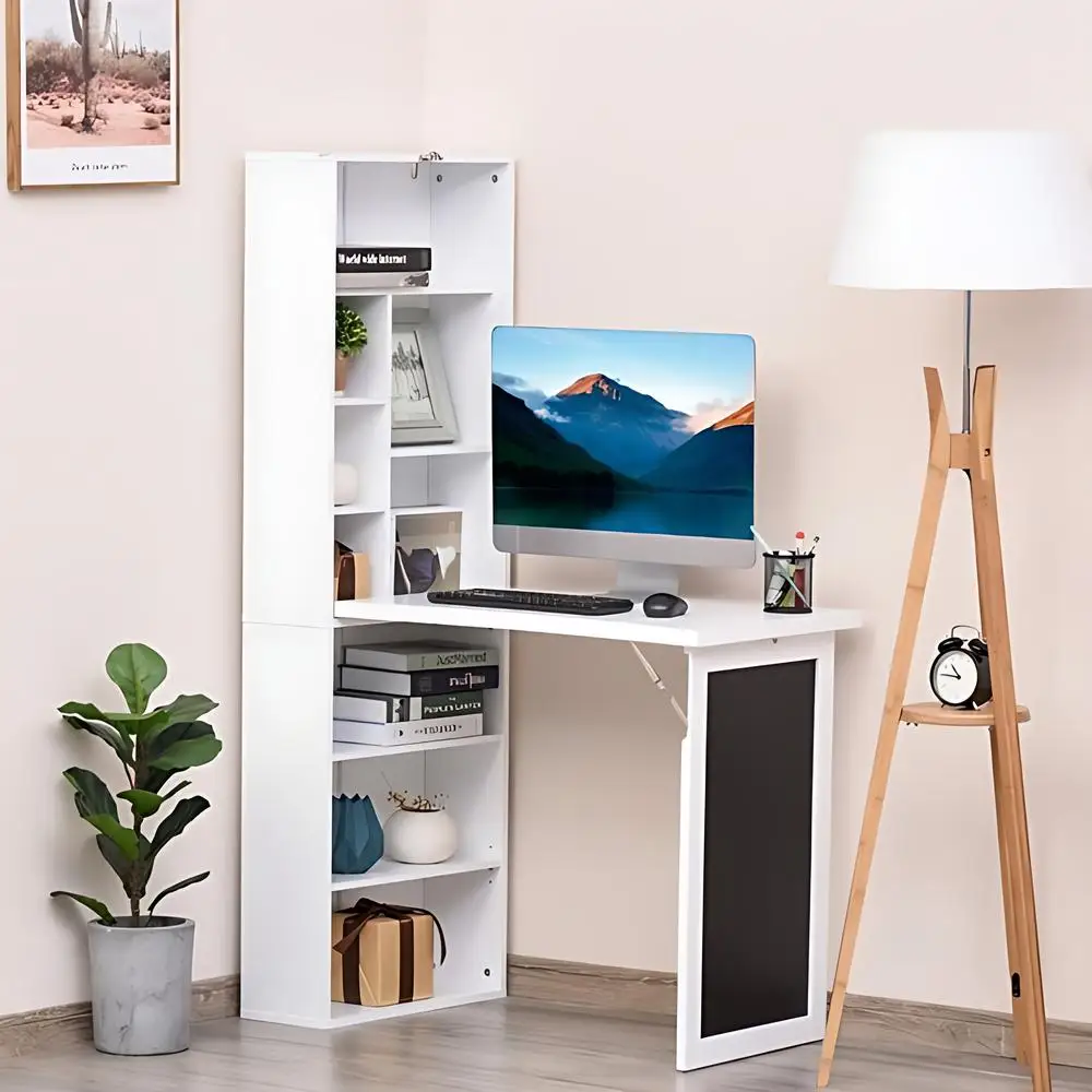 Wall Mount Desk Cabinet with Open Storage Shelf, 2-in-1 Foldable Computer desk dining table with writing blackboard, White