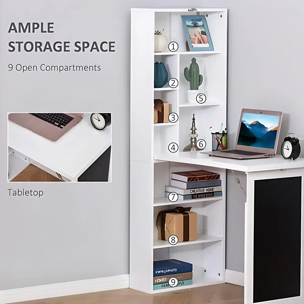 Wall Mount Desk Cabinet with Open Storage Shelf, 2-in-1 Foldable Computer desk dining table with writing blackboard, White