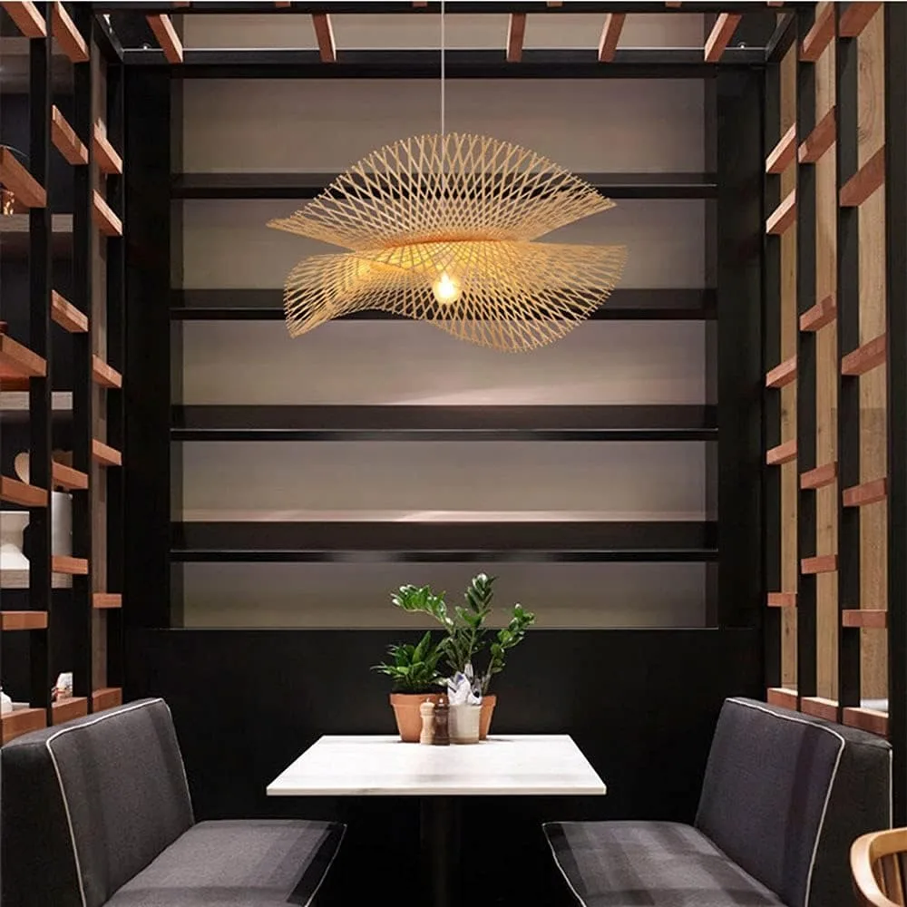 Asian Style Bamboo Chandelier, 2-Tier Rattan Hanging Light, Rustic Farmhouse Ceiling Lamp Decor