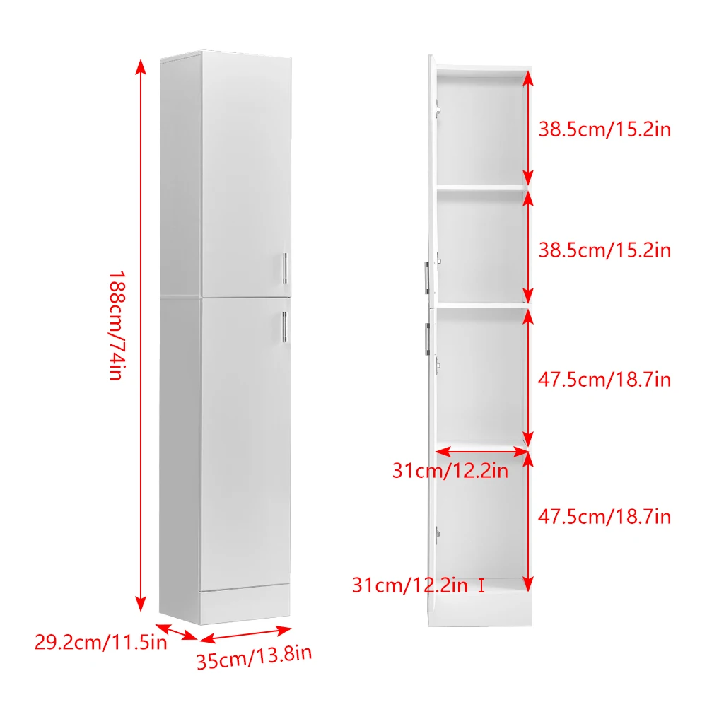 BonChoice 188cm Tall Corner Cabinet High Gloss with 4-Tier Shelves & 2 Doors, Bathroom Floor Cabinet