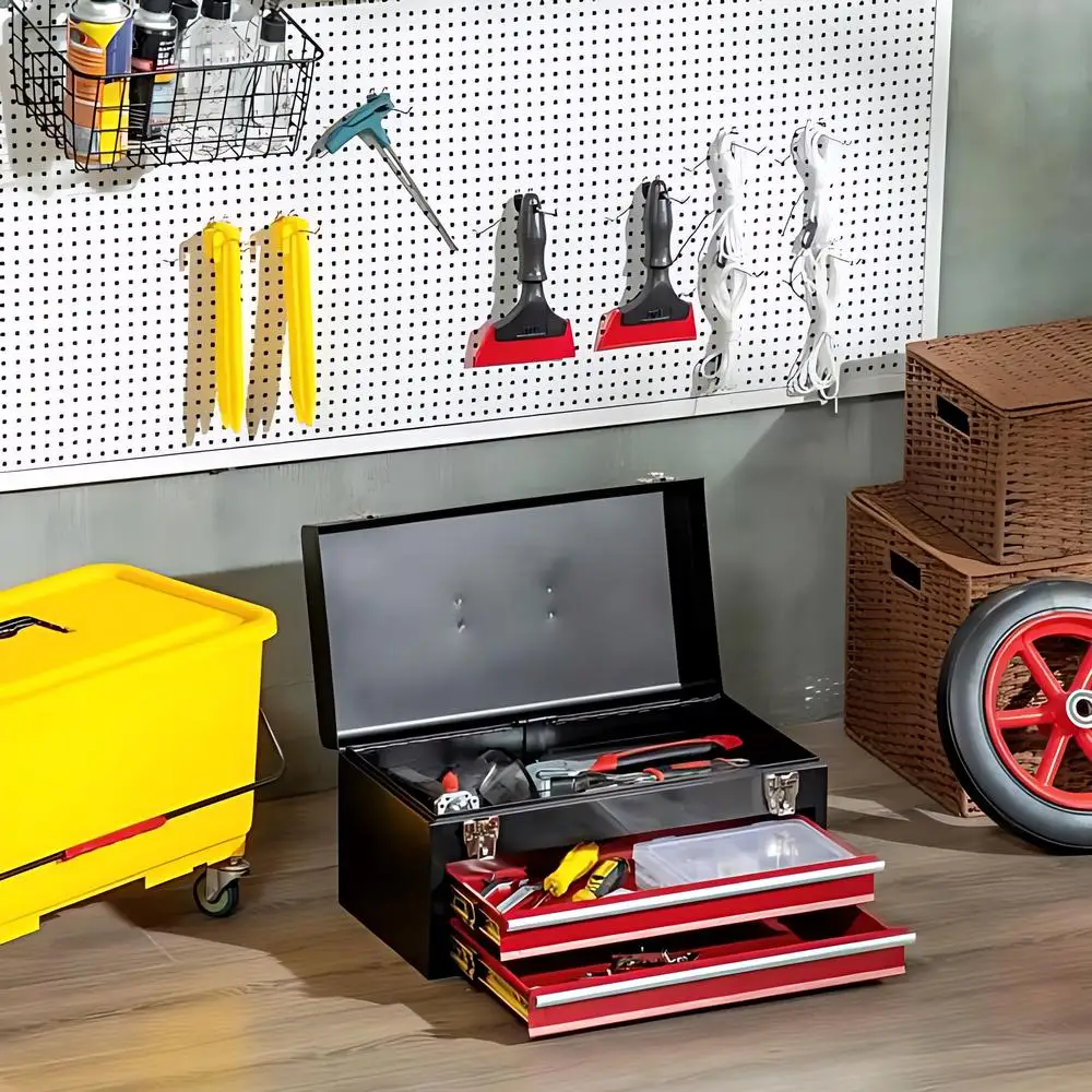 3 Layers Multifunctional Thickened Metal Tool Box Household Hardware Tools Box Lockable Tool Cabinet Portable Storage, Red+Black