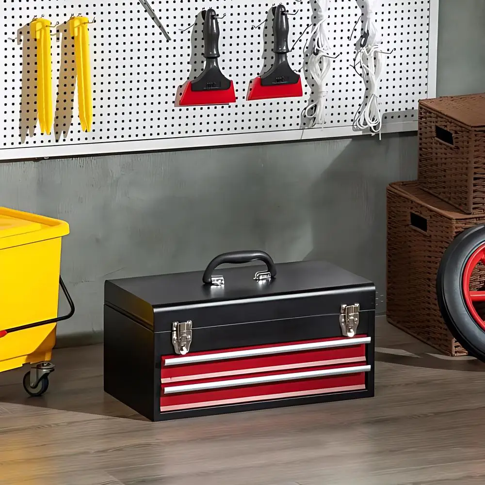 3 Layers Multifunctional Thickened Metal Tool Box Household Hardware Tools Box Lockable Tool Cabinet Portable Storage, Red+Black