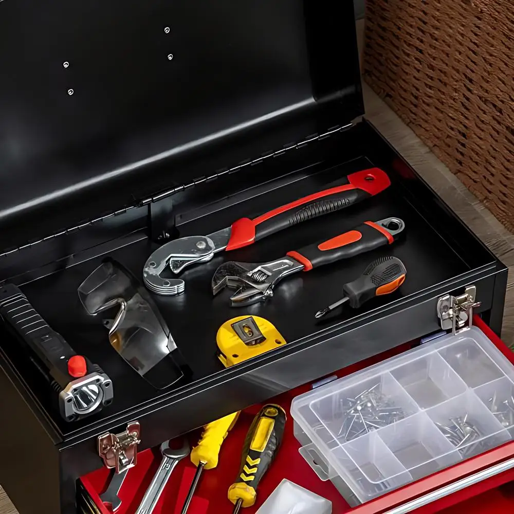 3 Layers Multifunctional Thickened Metal Tool Box Household Hardware Tools Box Lockable Tool Cabinet Portable Storage, Red+Black