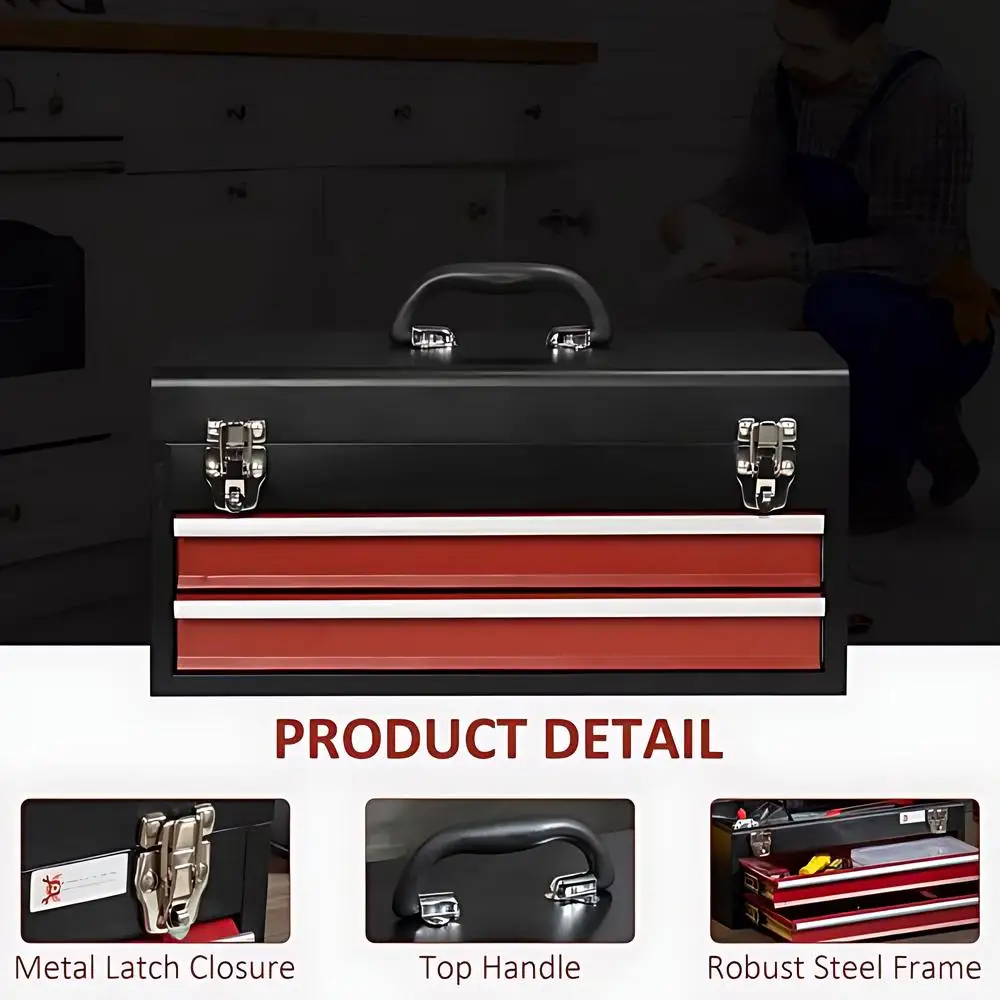 3 Layers Multifunctional Thickened Metal Tool Box Household Hardware Tools Box Lockable Tool Cabinet Portable Storage, Red+Black