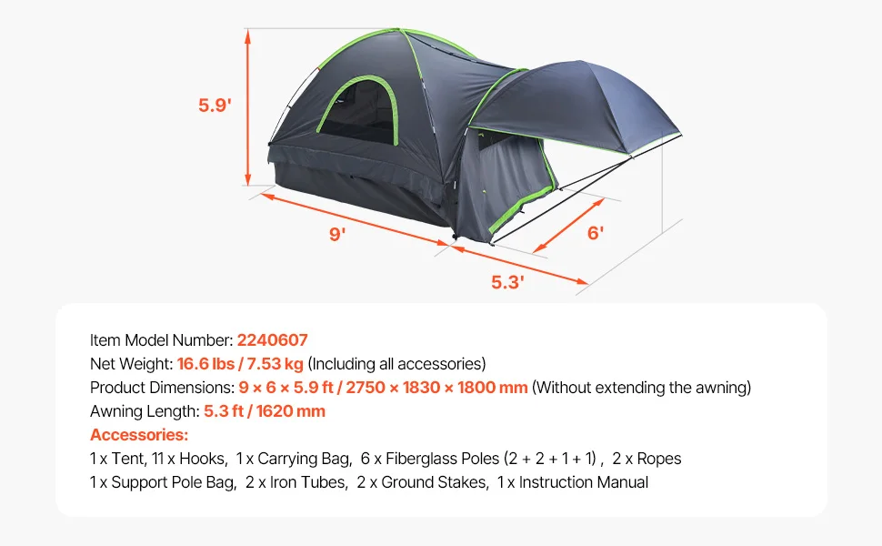 SucceBuy Pickup Truck Tent for Camping Waterproof PU2000 2-3 Person Truck Bed Tent Truck Bed Camper Shell with Expandable Awning