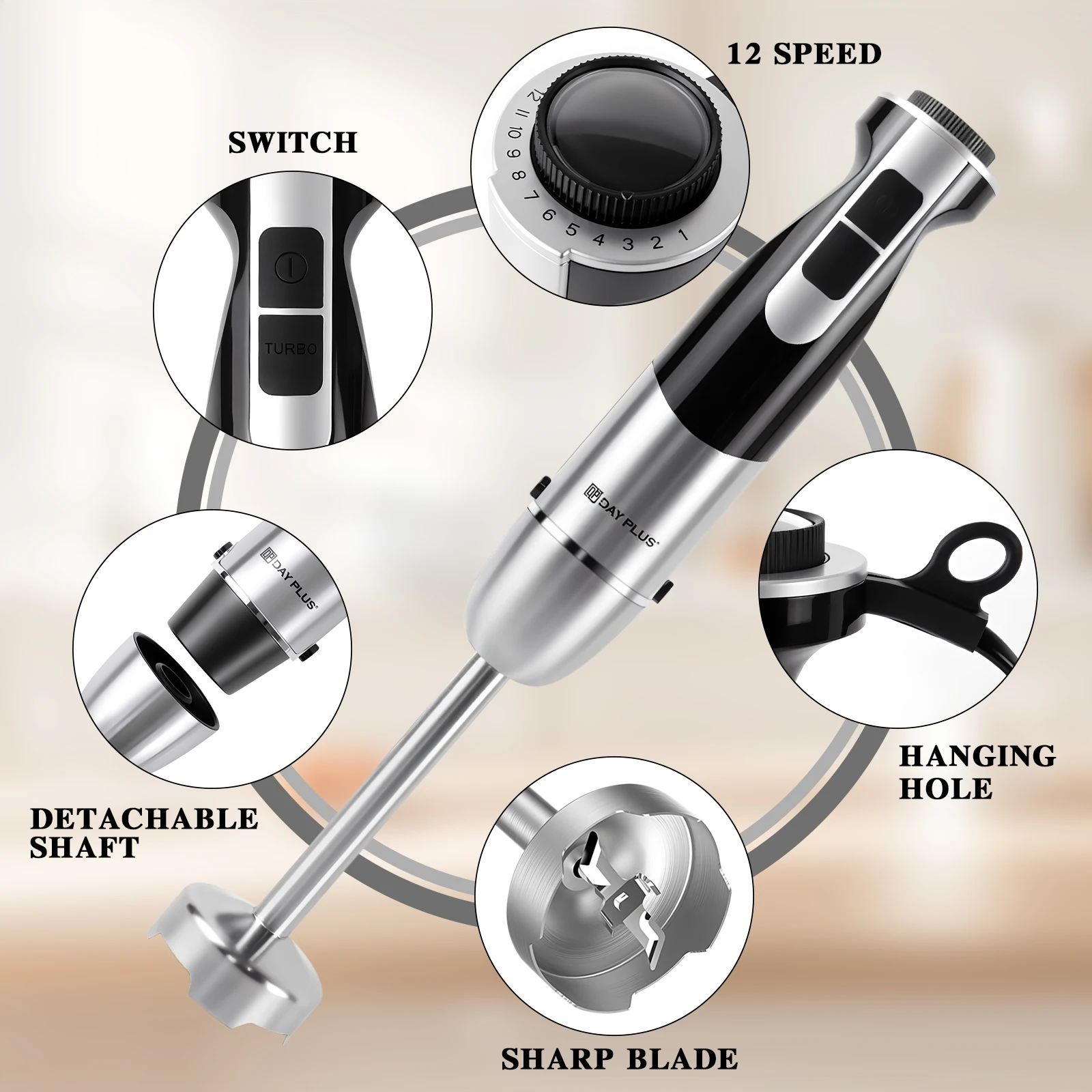 3 in 1 Electric Mixer with 2 speeds & turbo setting, Easy release button,for Fruit & Veg Chopper & attachment