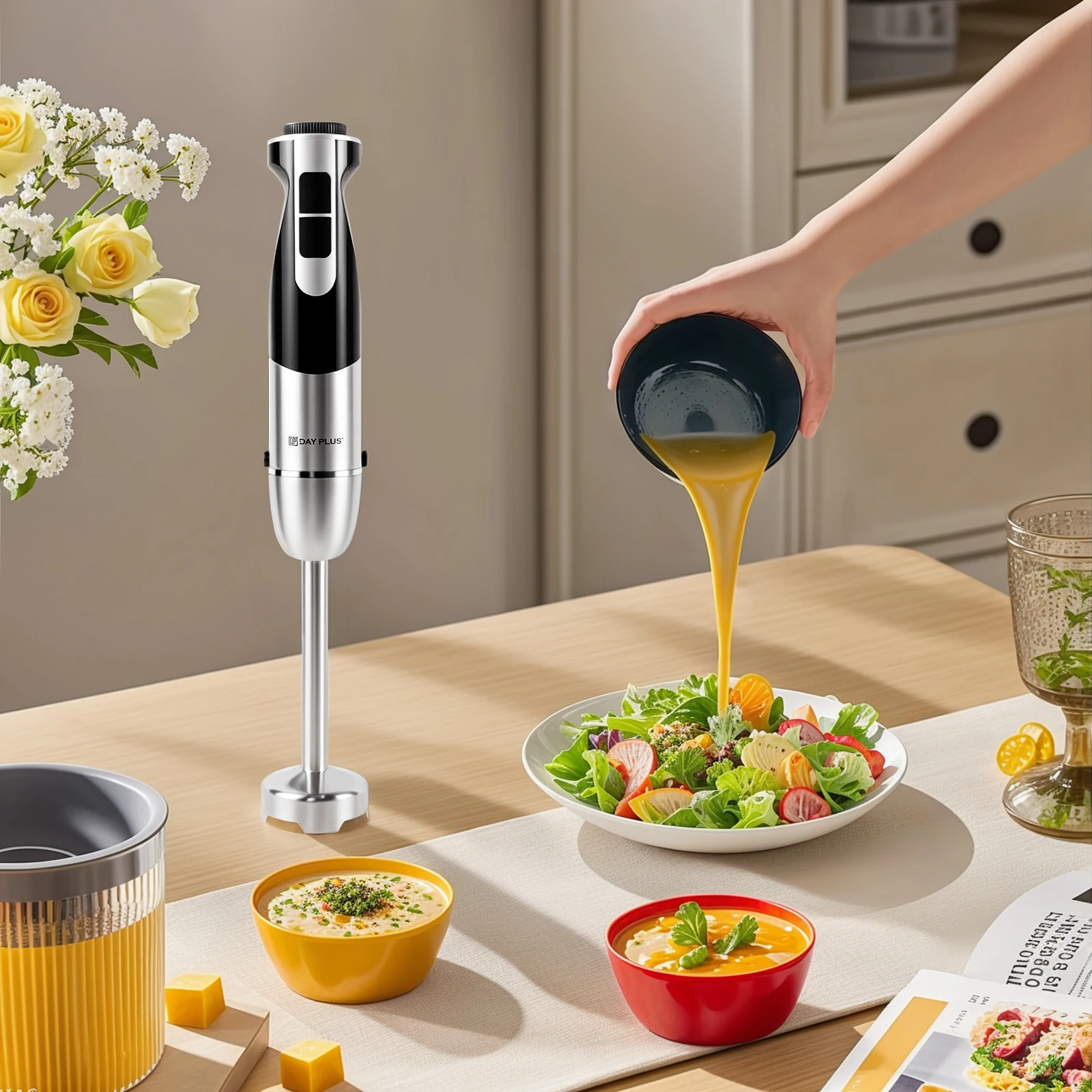 3 in 1 Electric Mixer with 2 speeds & turbo setting, Easy release button,for Fruit & Veg Chopper & attachment