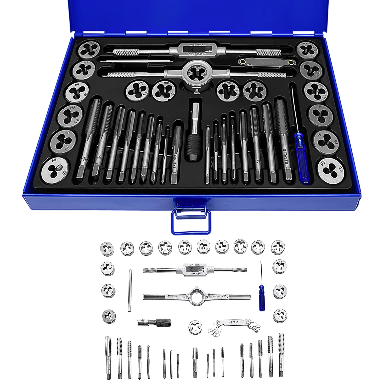 40PCS Metric Tap and Die Set Alloy Steel Pitch Gauge Tough-Bearing Steel CNC M3-M12 Tool Set with Blue Case