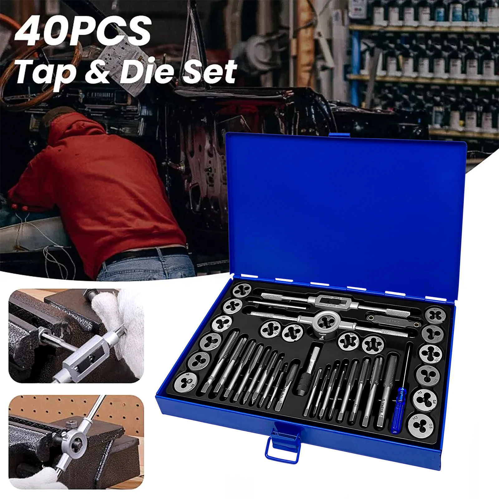 40PCS Metric Tap and Die Set Alloy Steel Pitch Gauge Tough-Bearing Steel CNC M3-M12 Tool Set with Blue Case