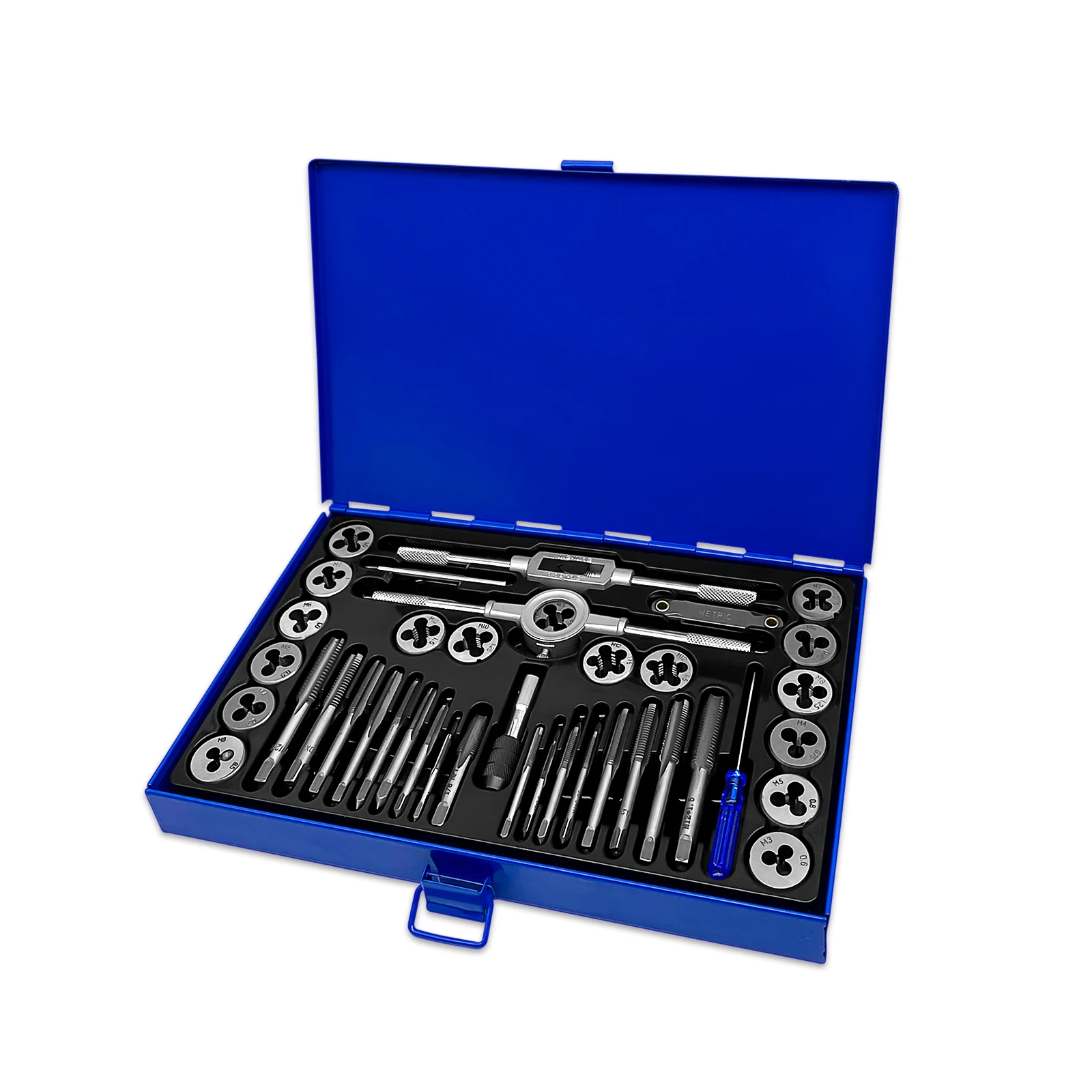 40PCS Metric Tap and Die Set Alloy Steel Pitch Gauge Tough-Bearing Steel CNC M3-M12 Tool Set with Blue Case