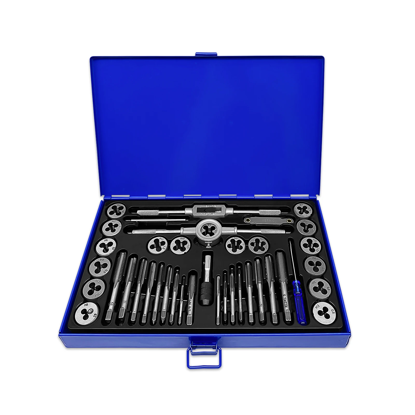 40PCS Metric Tap and Die Set Alloy Steel Pitch Gauge Tough-Bearing Steel CNC M3-M12 Tool Set with Blue Case
