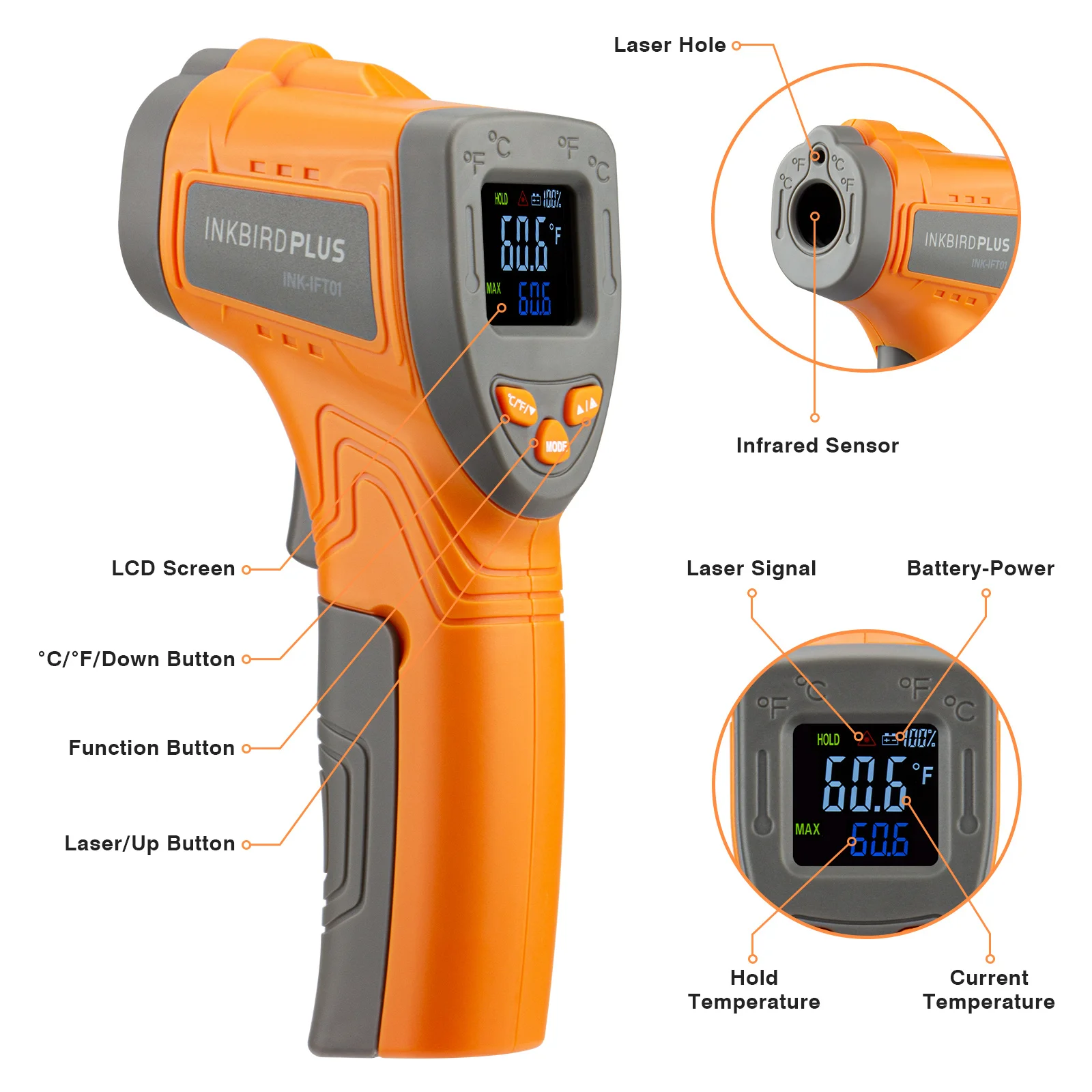Inkbird Laser Infrared Thermometer INK-IFT01 Non-Contact Instant Read Digital Temperature for Industrial Detect Home Improvement