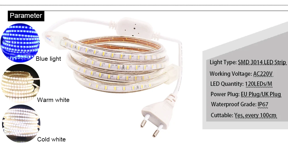 120LEDs/m SMD 3014 LED Strip Light 220V Outdoor Waterproof Lamp White Warm White Blue LED Tape Ribbon for Home Decor Lighting