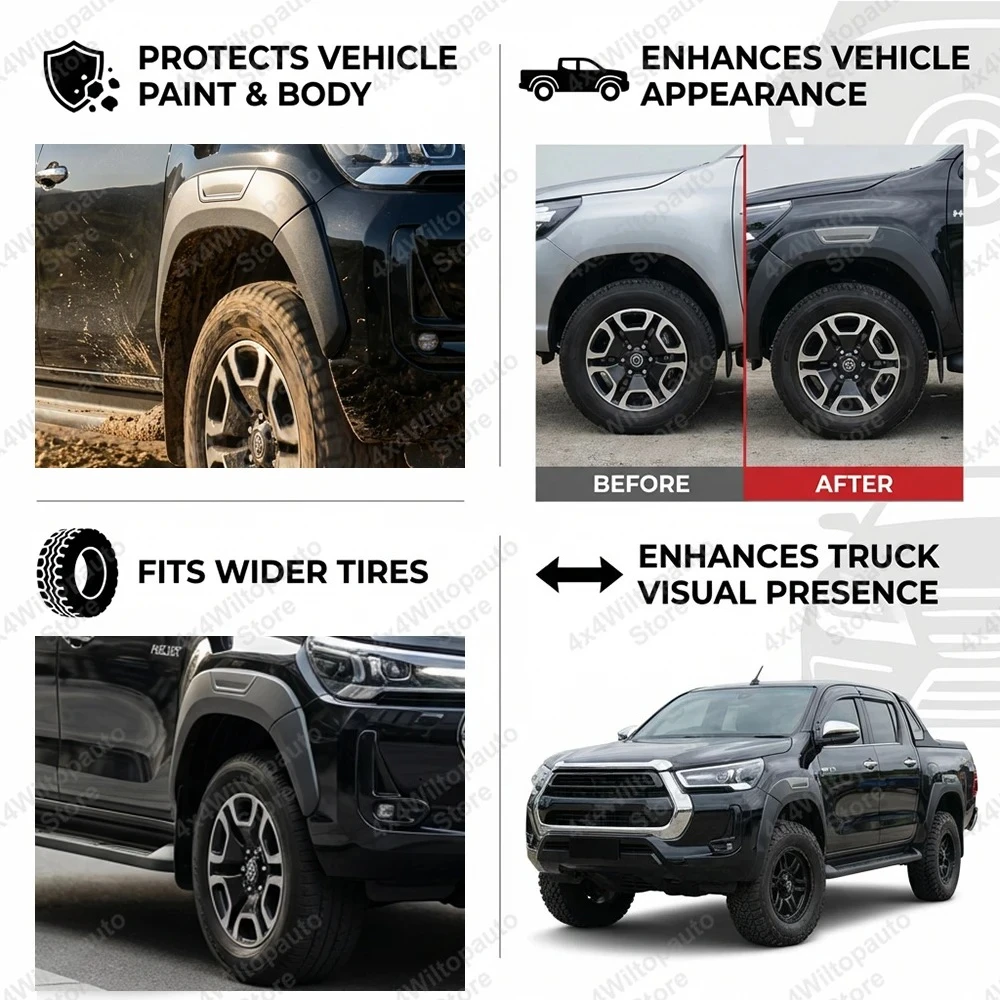 For Toyota Hilux N80 Fender Flares 2015-2024 Revo Rocco Rogue Wheel Arch Extensions OEM Style 12mm Wide ABS Matte Black