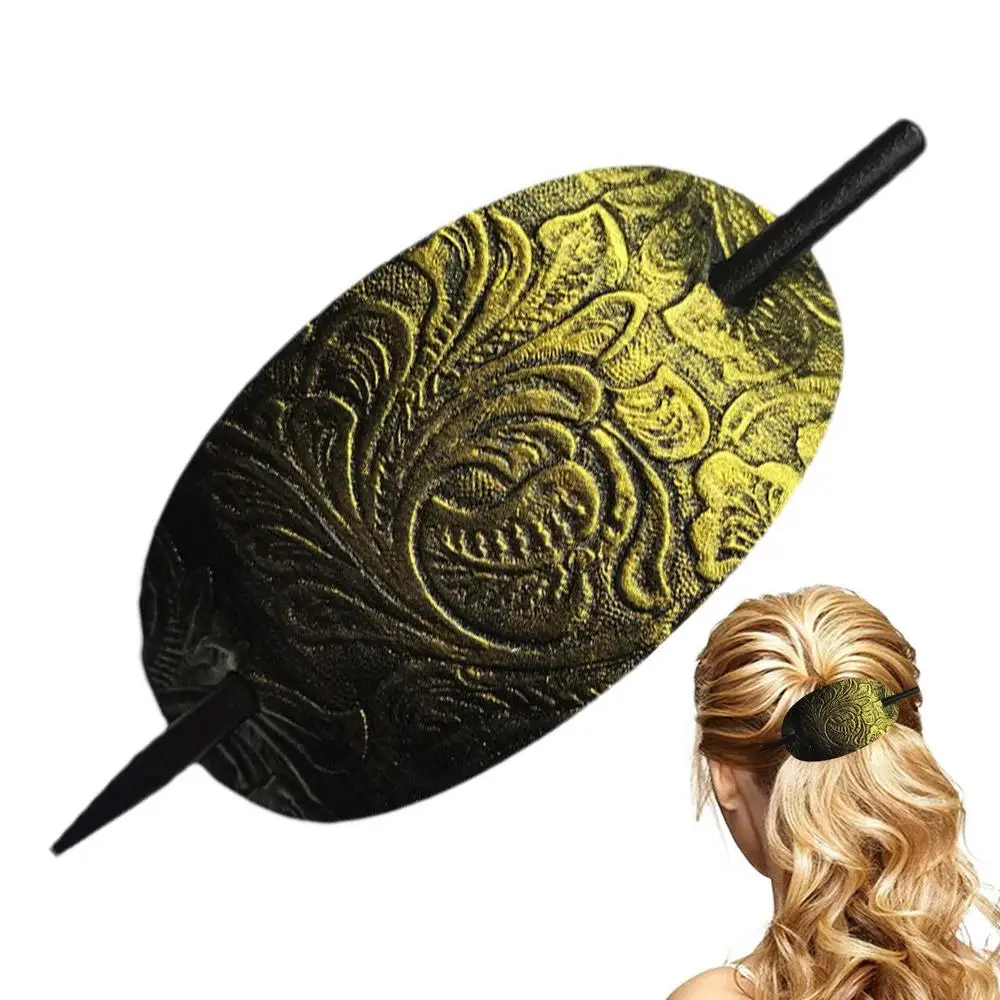 Leather Hair Barrette With Stick Oval Shape Faux Leather Ponytail Holders Vintage Style Hair Claw Clip Leather And Stick Hair
