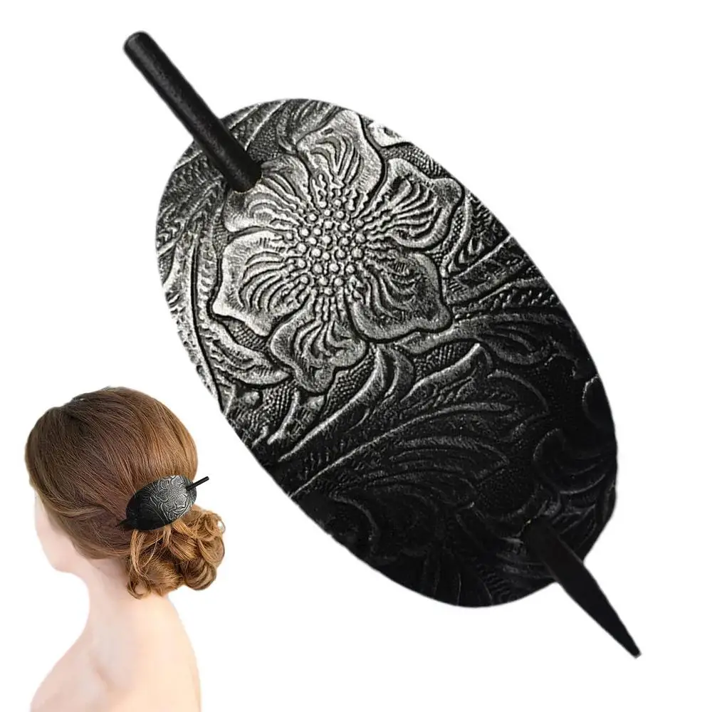Leather Hair Barrette With Stick Oval Shape Faux Leather Ponytail Holders Vintage Style Hair Claw Clip Leather And Stick Hair