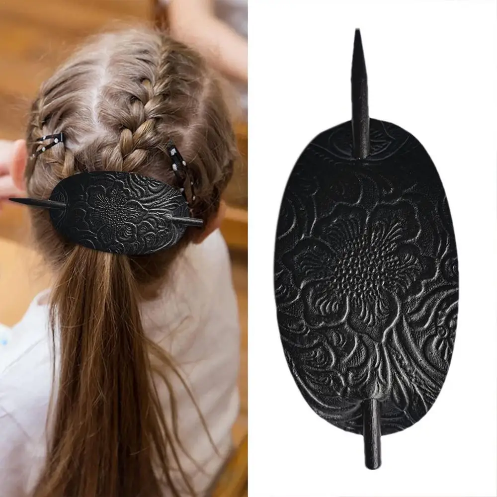 Leather Hair Barrette With Stick Oval Shape Faux Leather Ponytail Holders Vintage Style Hair Claw Clip Leather And Stick Hair