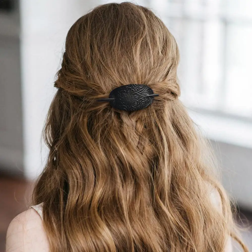 Leather Hair Barrette With Stick Oval Shape Faux Leather Ponytail Holders Vintage Style Hair Claw Clip Leather And Stick Hair