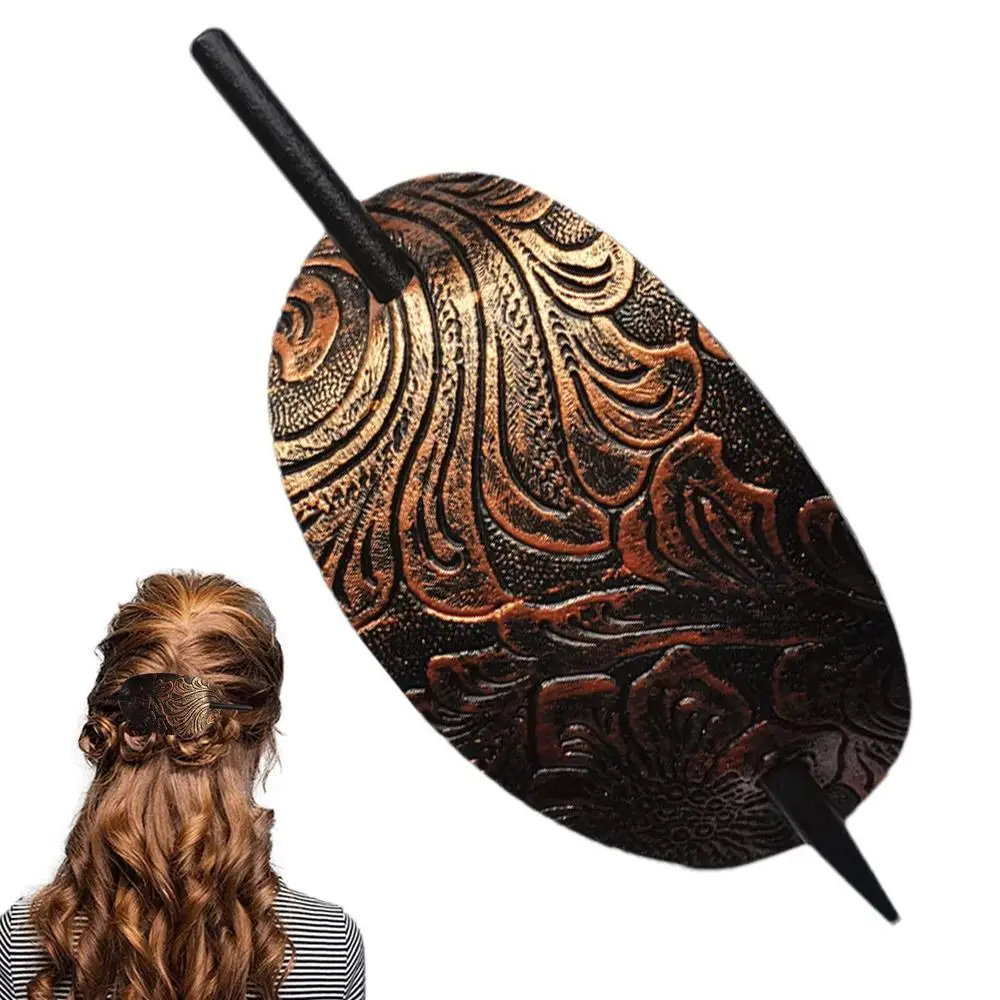 Leather Hair Barrette With Stick Oval Shape Faux Leather Ponytail Holders Vintage Style Hair Claw Clip Leather And Stick Hair