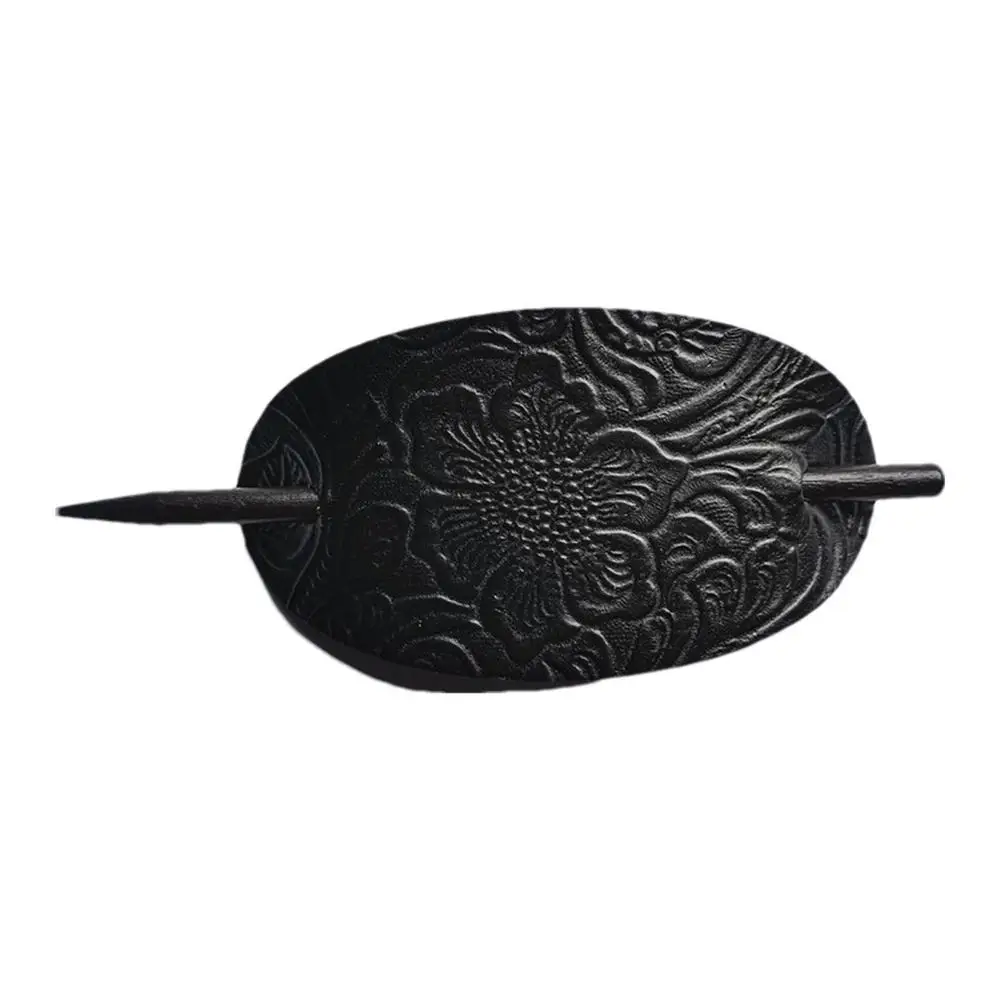 Leather Hair Barrette With Stick Oval Shape Faux Leather Ponytail Holders Vintage Style Hair Claw Clip Leather And Stick Hair