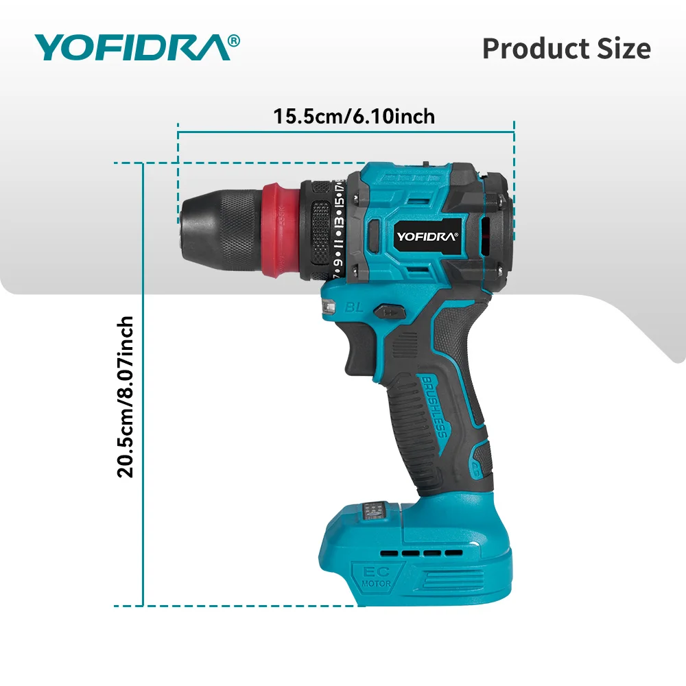 YOFIDRA 2 In1 Brushless Electric Screwdriver Hammer Cordless Drill Impact Multifunctional Power Tool For Makita Battery Pin