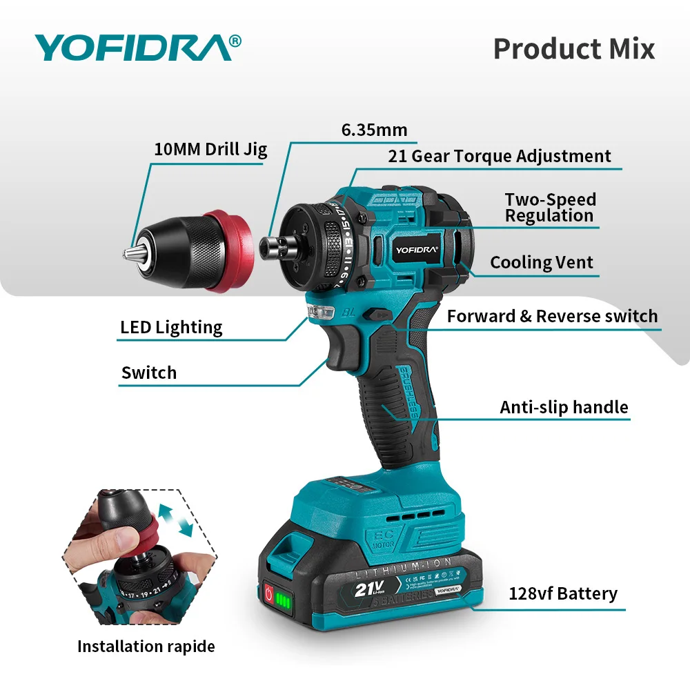 YOFIDRA 2 In1 Brushless Electric Screwdriver Hammer Cordless Drill Impact Multifunctional Power Tool For Makita Battery Pin