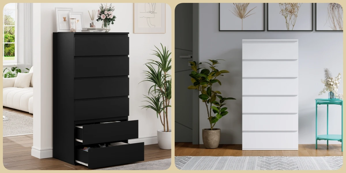 Getone Chest of Drawers Bedroom, Tall Chest of Drawers with 6 Drawers, Bedroom Furniture Storage Cupboard Cabinet  Bedroom Dresser, for Living Room Hallway  60x40x119cm, White/Black