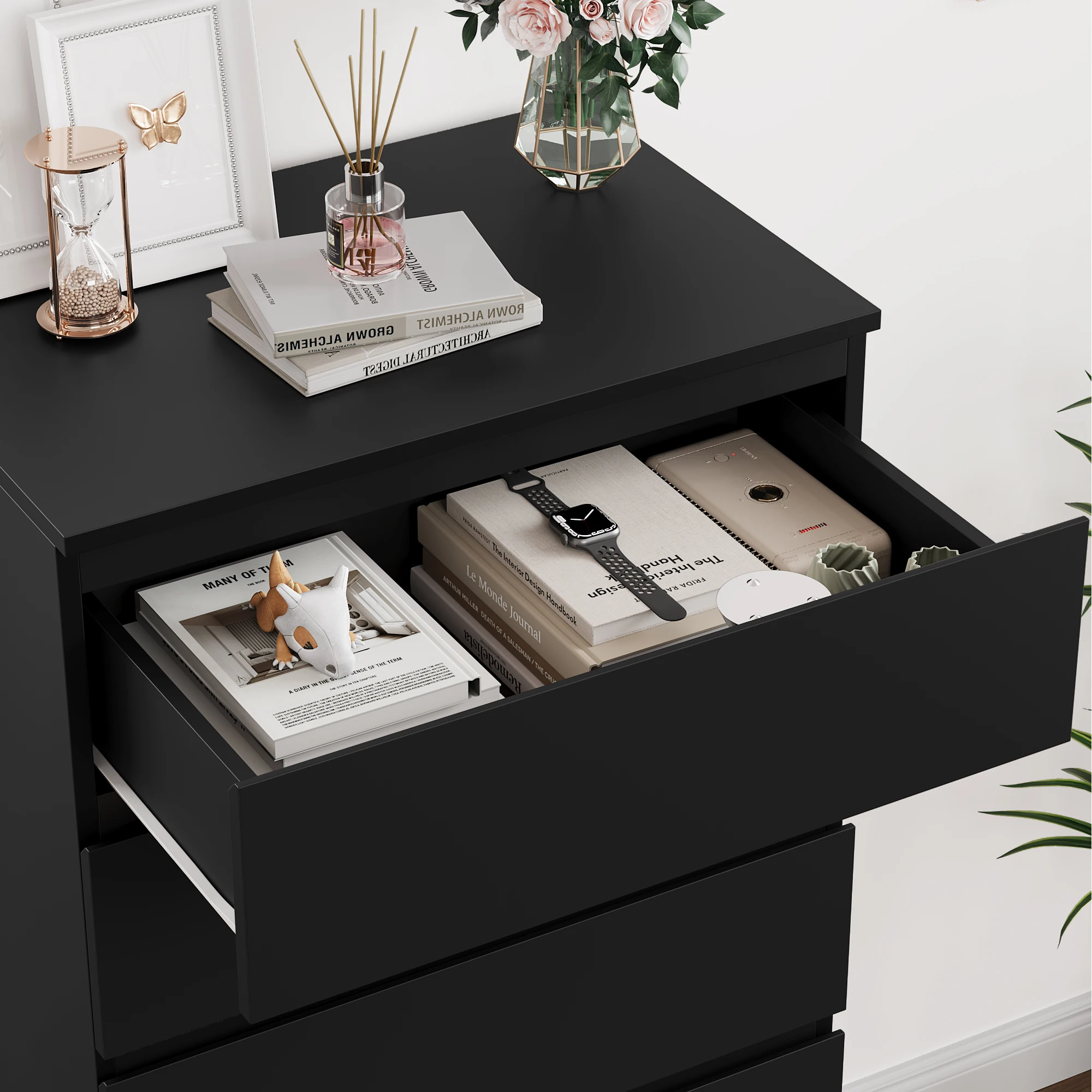 Getone Chest of Drawers Bedroom, Tall Chest of Drawers with 6 Drawers, Bedroom Furniture Storage Cupboard Cabinet  Bedroom Dresser, for Living Room Hallway  60x40x119cm, White/Black
