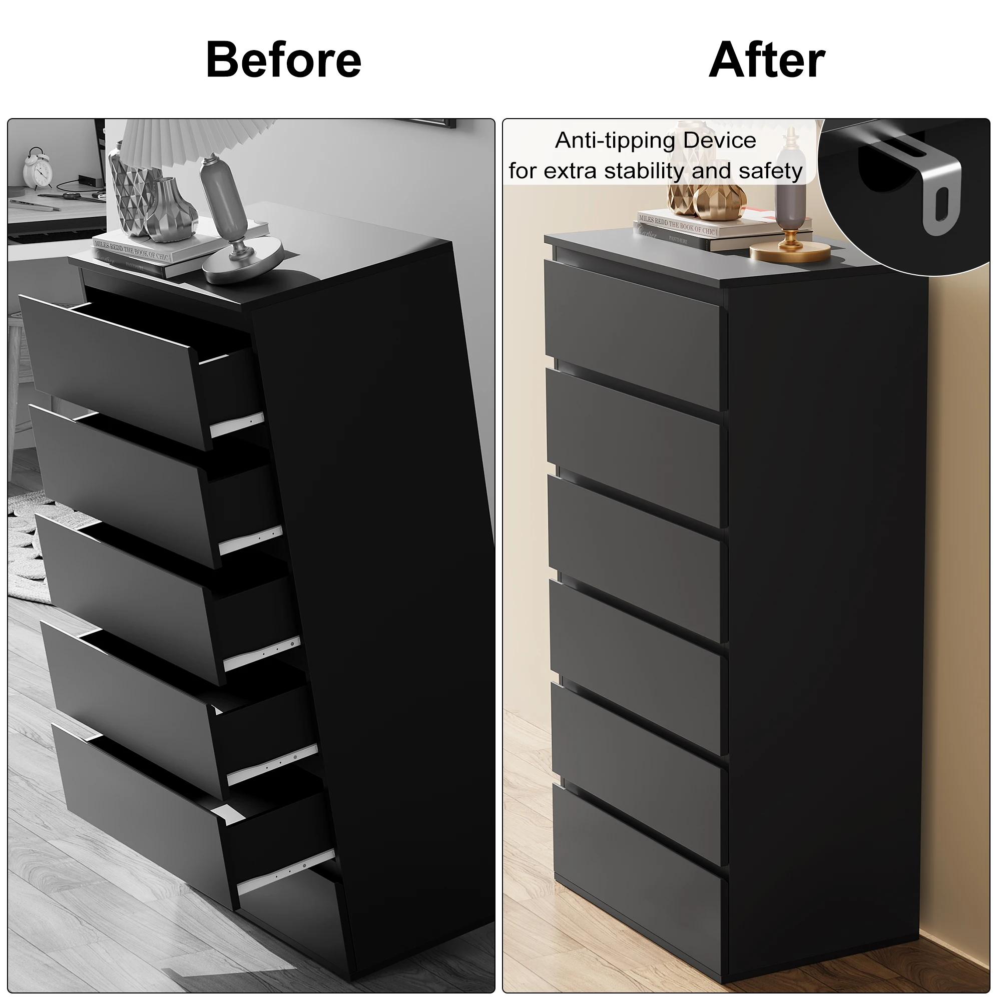 Getone Chest of Drawers Bedroom, Tall Chest of Drawers with 6 Drawers, Bedroom Furniture Storage Cupboard Cabinet  Bedroom Dresser, for Living Room Hallway  60x40x119cm, White/Black
