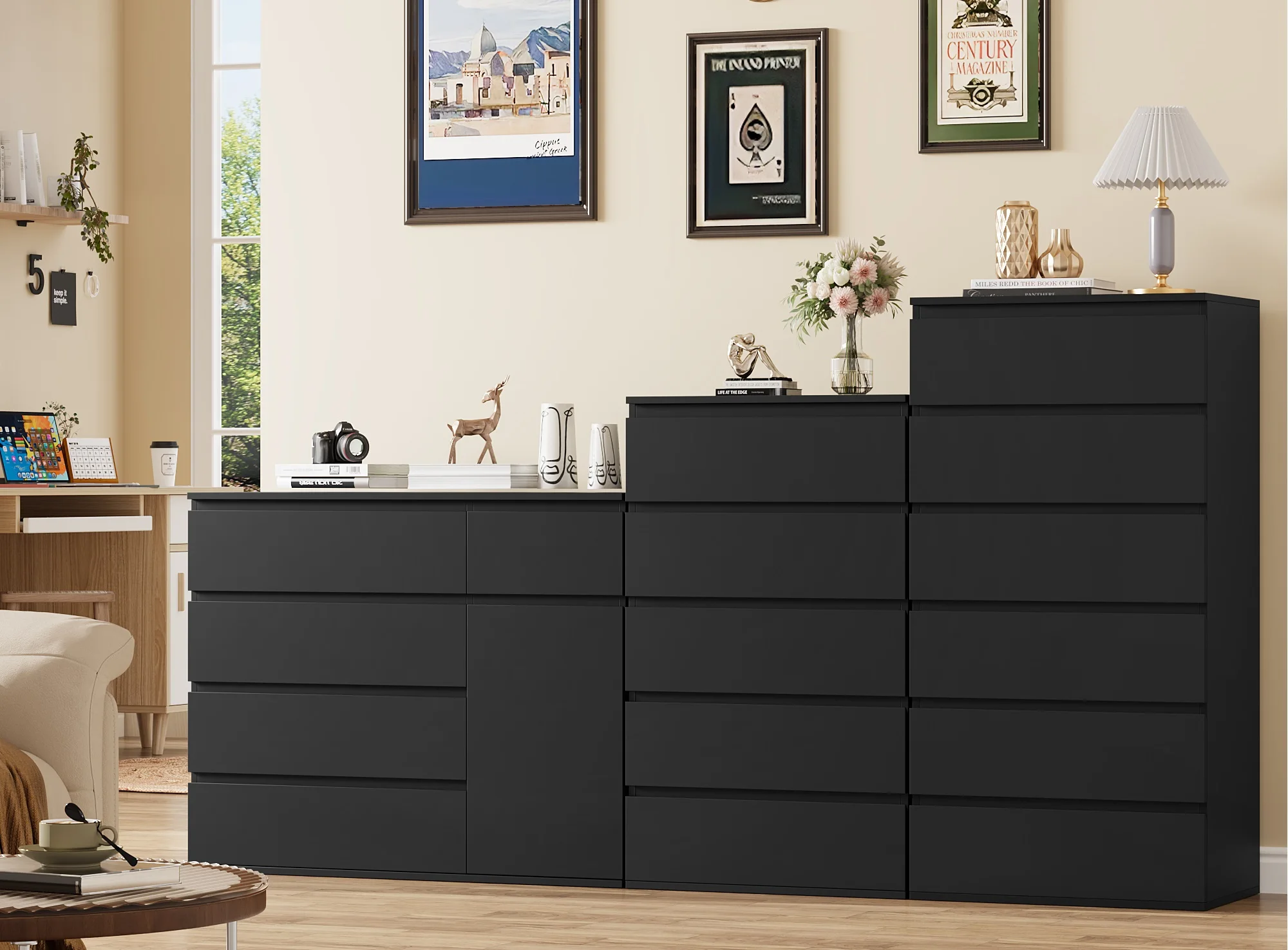 Getone Chest of Drawers Bedroom, Tall Chest of Drawers with 6 Drawers, Bedroom Furniture Storage Cupboard Cabinet  Bedroom Dresser, for Living Room Hallway  60x40x119cm, White/Black