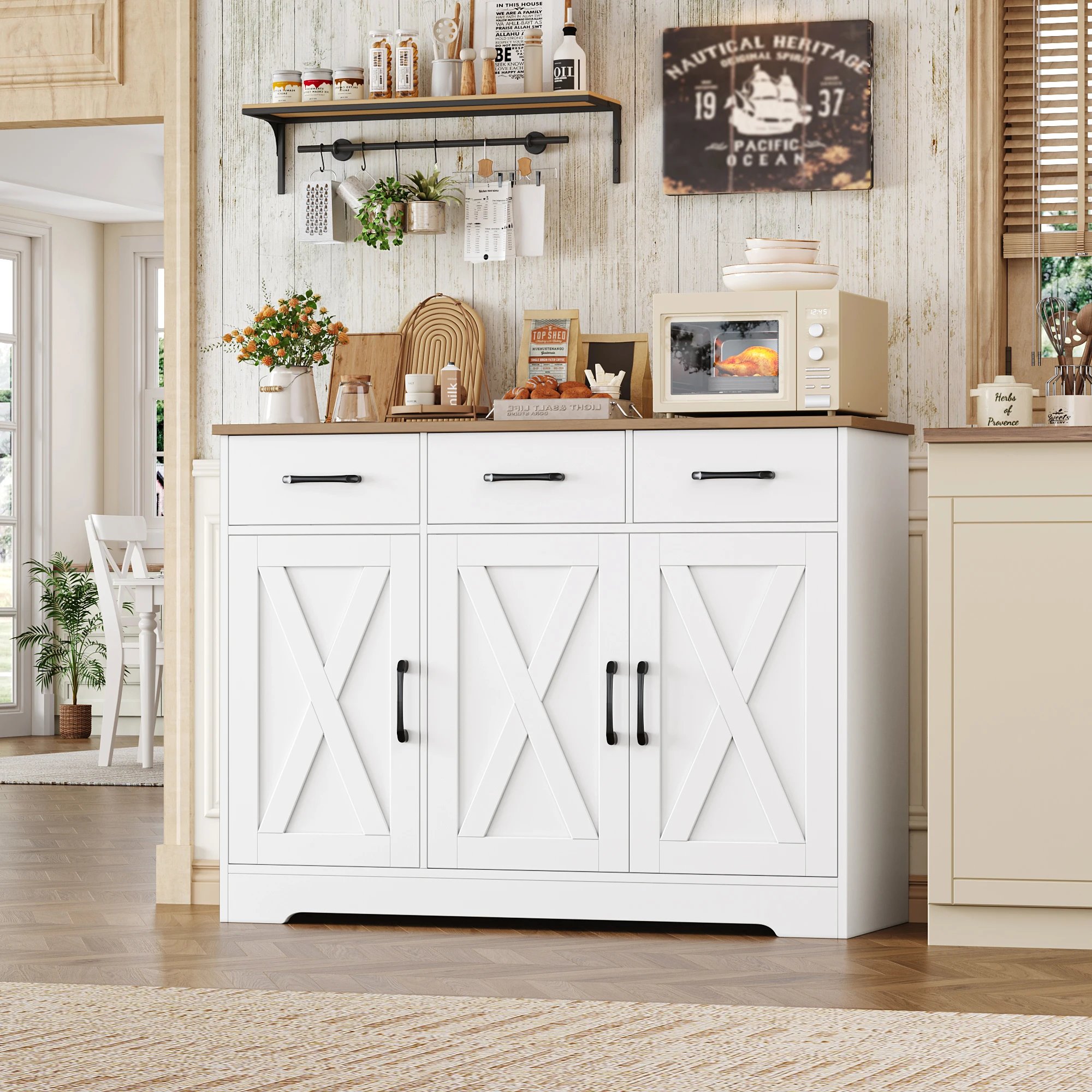Sideboard, Kitchen Storage Cabinet with 3 Drawers and 3 Doors for Kitchen, Buffet Cabinet with Countertop, for Dining Room, Living Room, Hol
