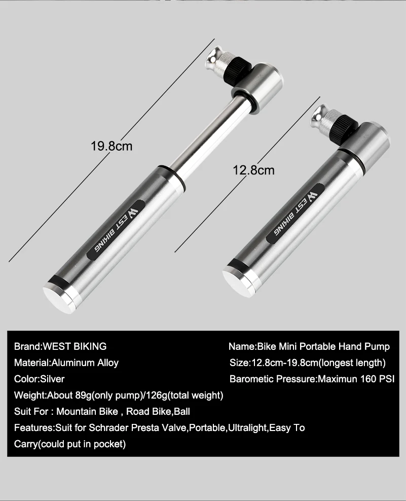 WEST BIKING Portable Mini Aluminium Alloy Bicycle Air Pump 160 PSI Tire Inflator Ultra Light MTB Accessories Road Bike Pump