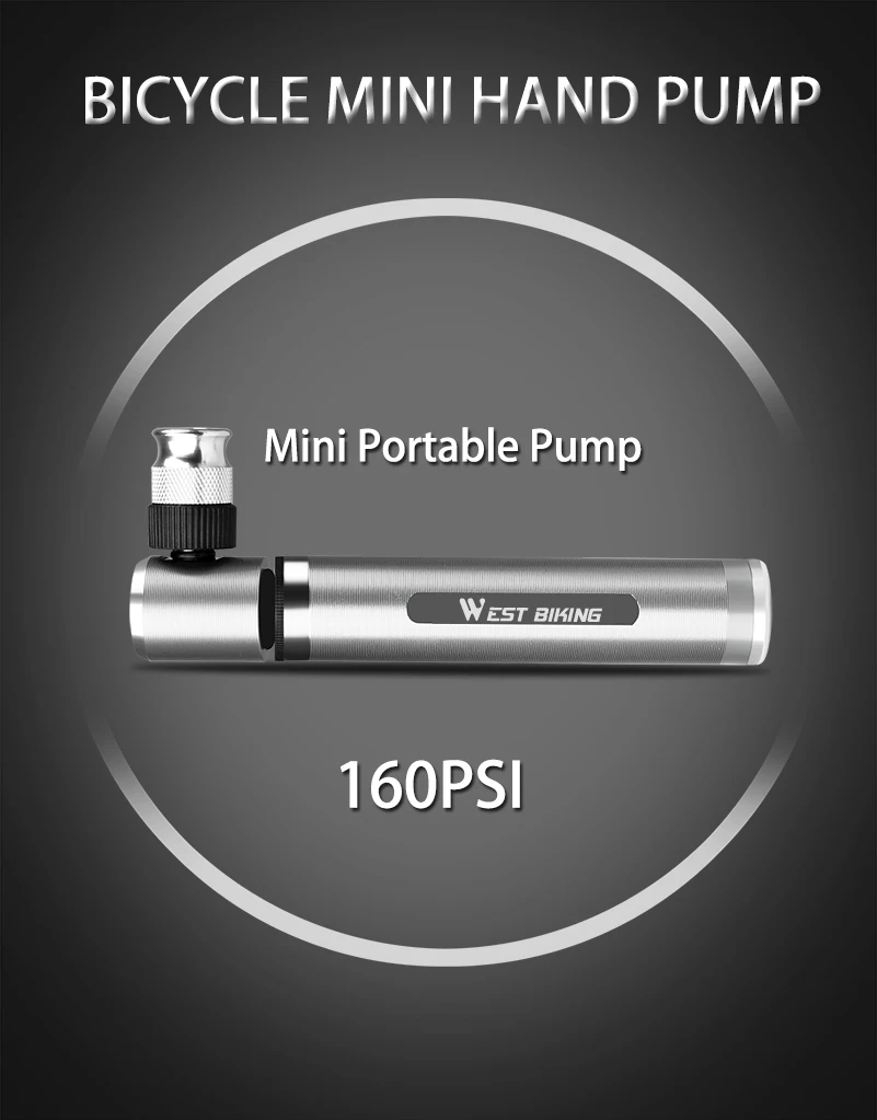 WEST BIKING Portable Mini Aluminium Alloy Bicycle Air Pump 160 PSI Tire Inflator Ultra Light MTB Accessories Road Bike Pump