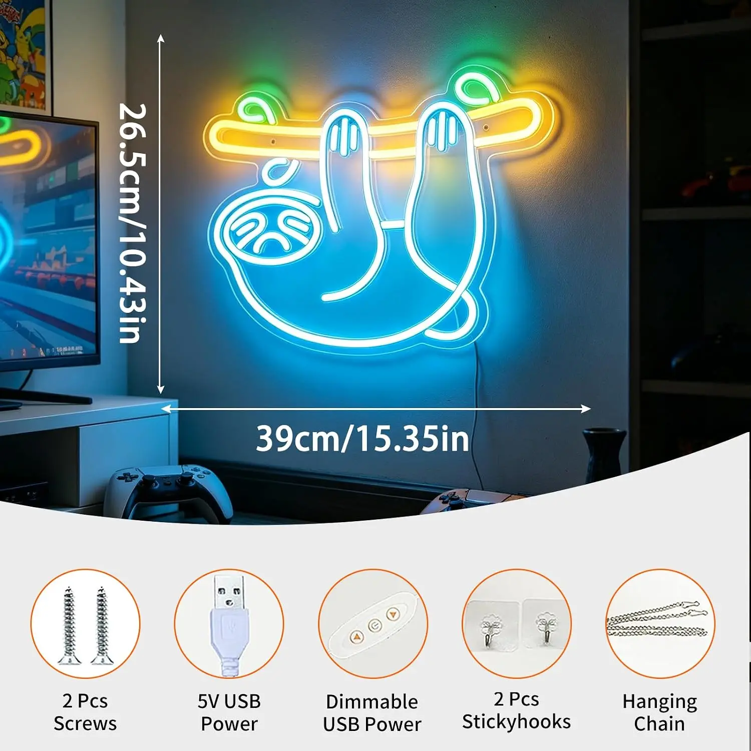 Sloth Neon Sign Dimmable Led Animal Sign for Wall Decor USB Powered Bright Neon Animal Signs for Home, Garden, Bars, Restaurants, Hotels, Stores, Clubs 15.35”x10.43”