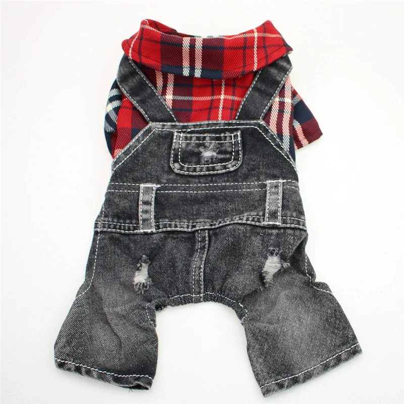 Black Dog Denim Jumpsuit Plaid Shirt Overalls for Dogs, Spring Clothes for Small Dogs Puppy Yorkie Jeans Jacket Pet Apparel