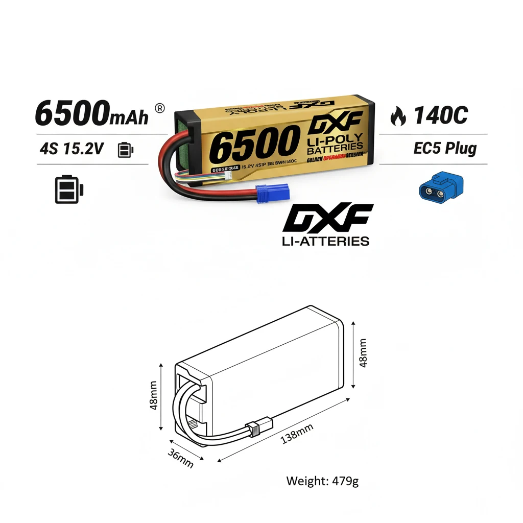 DXF 15.2V Graphene Lipo 4S Battery 6500mAh 140C EC5 XT90 Plug Gold Version Racing Series HardCase for RC Car Truck Truggy 1/8 Buggy