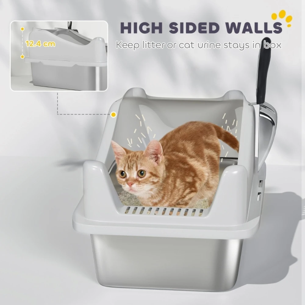PINGGO Stainless Steel Cat Litter Box with High Sides, Metal Scoop, 43 X 33 X 25 cm, Simple, Comfortable, and Hygienic