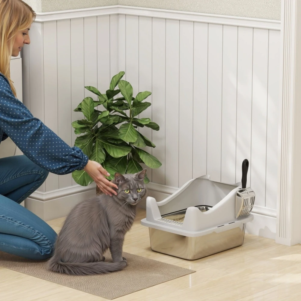 PINGGO Stainless Steel Cat Litter Box with High Sides, Metal Scoop, 43 X 33 X 25 cm, Simple, Comfortable, and Hygienic